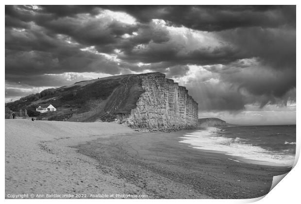 Black and white West bay beach and cliffs Print by Ann Biddlecombe