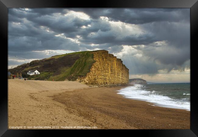 West bay beach and cliffs Framed Print by Ann Biddlecombe