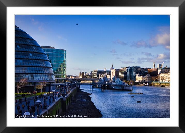 On Tower Bridge looking down the Thames to HMS Belfast Framed Mounted Print by Ann Biddlecombe