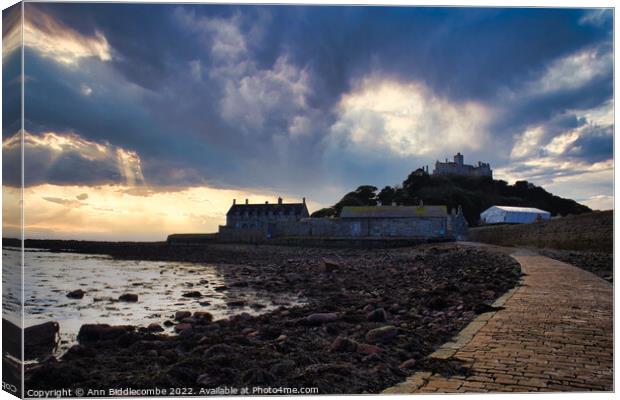 St Michaels Mount in Cornwall just as the tide was out Canvas Print by Ann Biddlecombe