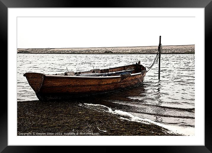 Rowing boat moored in Fleet lagoon, Chesil Bank, Dorset - Sumi e render Framed Mounted Print by Gordon Dixon
