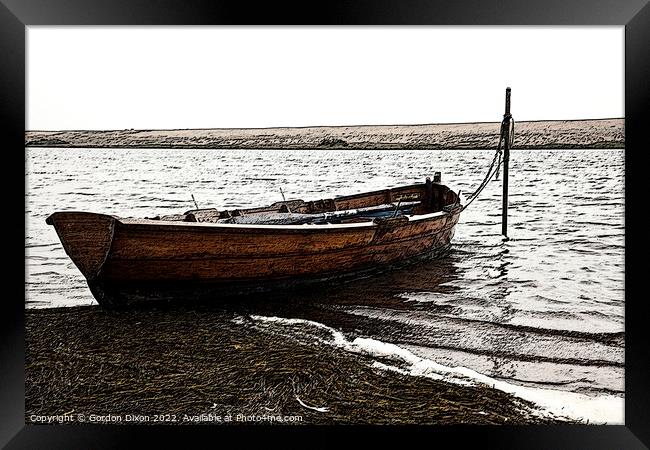 Rowing boat moored in Fleet lagoon, Chesil Bank, Dorset - Sumi e render Framed Print by Gordon Dixon