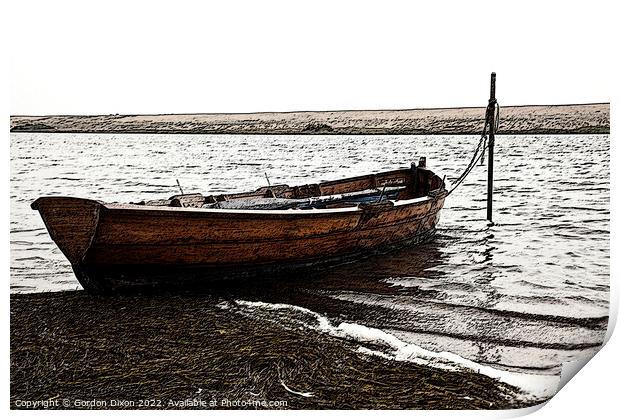 Rowing boat moored in Fleet lagoon, Chesil Bank, Dorset - Sumi e render Print by Gordon Dixon