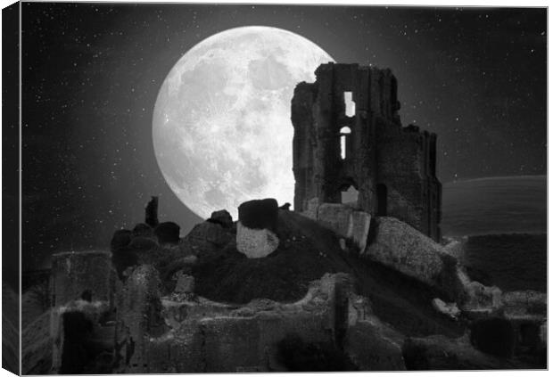 Corfe Moon - Black and White Canvas Print by David Neighbour