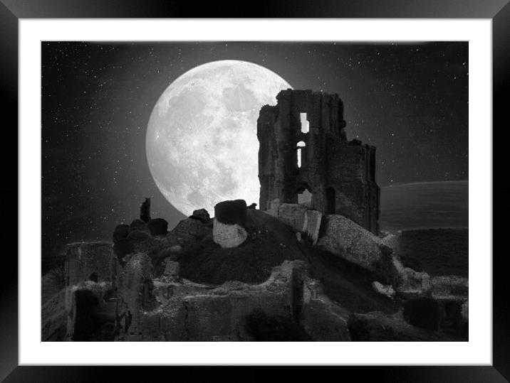 Corfe Moon - Black and White Framed Mounted Print by David Neighbour