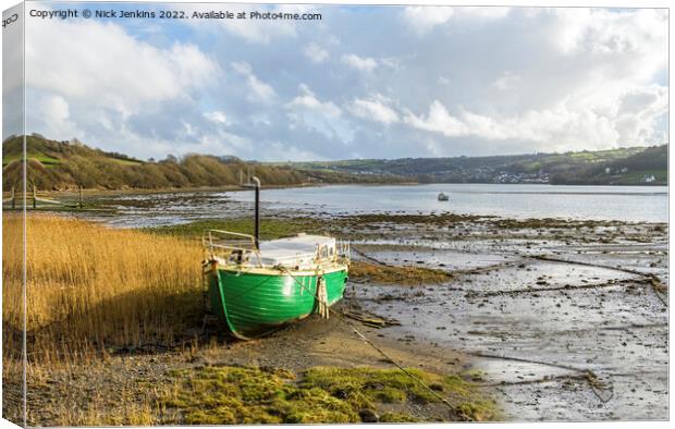 Green moored boat Teifi estuary Cardigan Canvas Print by Nick Jenkins