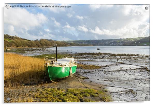 Green moored boat Teifi estuary Cardigan Acrylic by Nick Jenkins