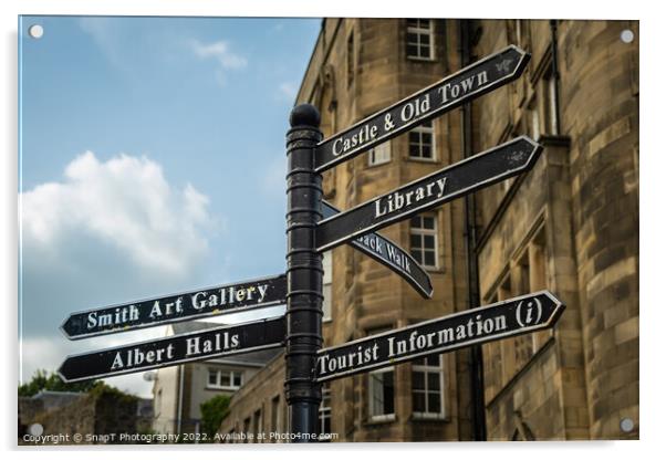 Sign post highlighting the directions to attractions in stirling town centre Acrylic by SnapT Photography