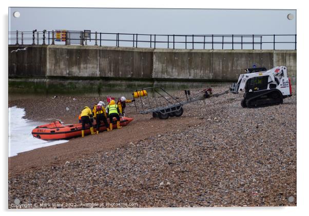 Hastings Inshore Lifeboat safely back to base.  Acrylic by Mark Ward