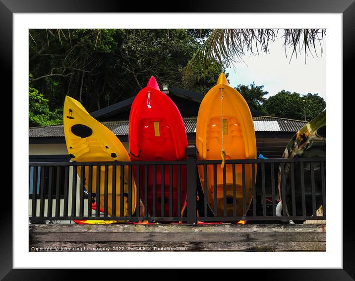Redang Island Malaysia Colourful kayaks, boats and canoes stacke Framed Mounted Print by johnseanphotography 