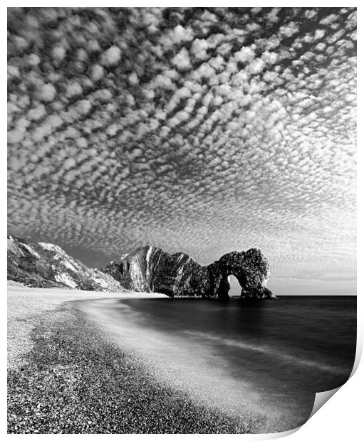 Durdle Door, Mackerel Sky - B&W Print by David Neighbour