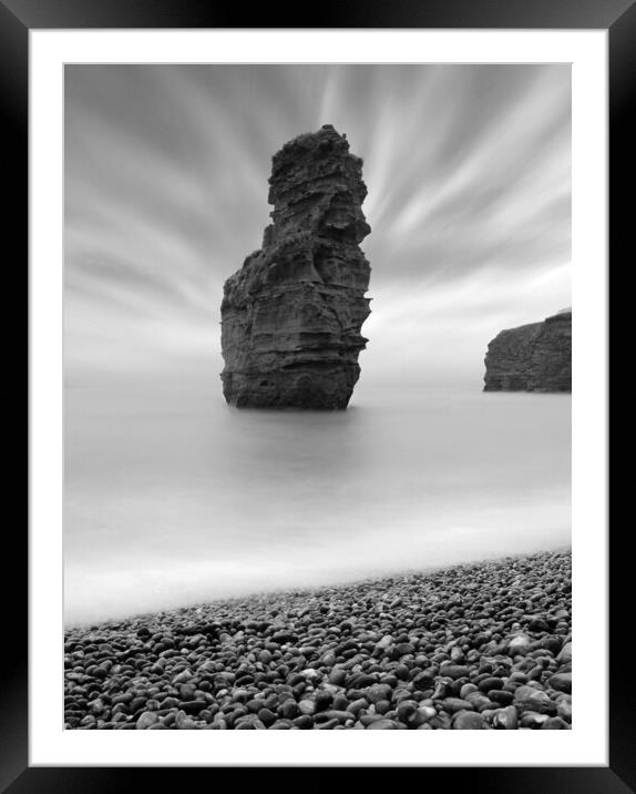 Ladram Sea Stack - Black and White Framed Mounted Print by David Neighbour