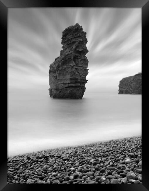 Ladram Sea Stack - Black and White Framed Print by David Neighbour