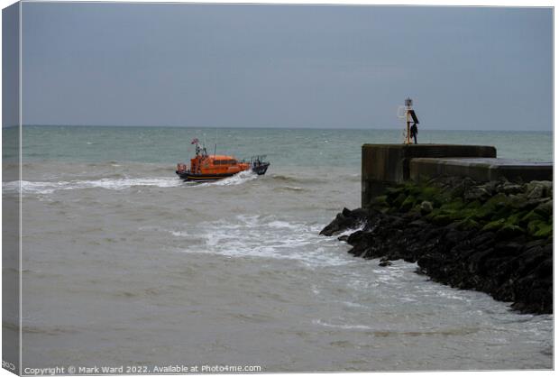 The Hastings Lifeboat heading out on a training mission. Canvas Print by Mark Ward