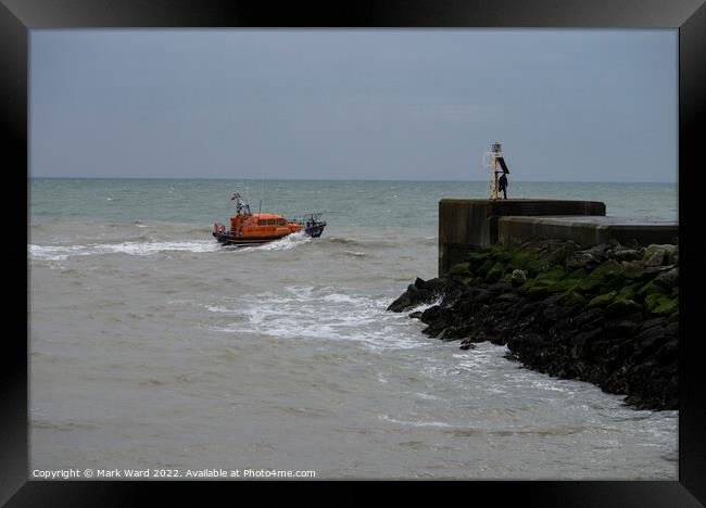 The Hastings Lifeboat heading out on a training mission. Framed Print by Mark Ward