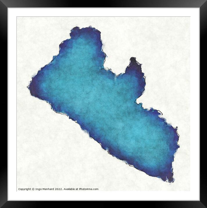Liberia map with drawn lines and blue watercolor illustration Framed Mounted Print by Ingo Menhard