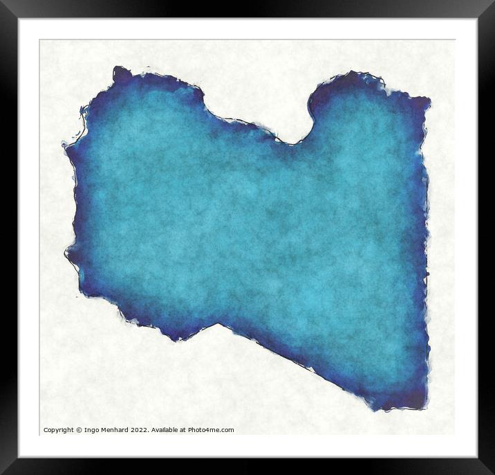 Libya map with drawn lines and blue watercolor illustration Framed Mounted Print by Ingo Menhard