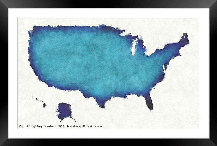 USA map with drawn lines and blue watercolor illustration Framed Mounted Print by Ingo Menhard