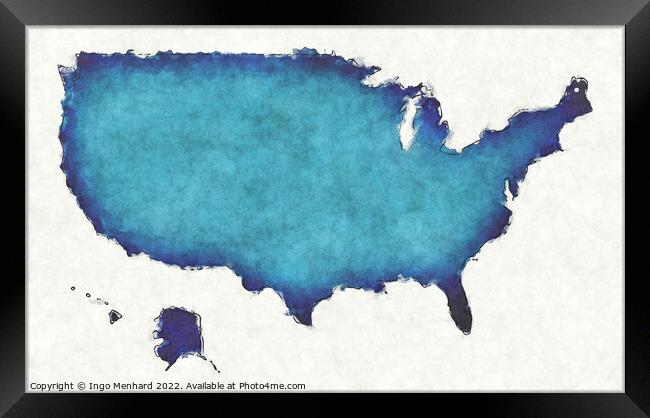 USA map with drawn lines and blue watercolor illustration Framed Print by Ingo Menhard