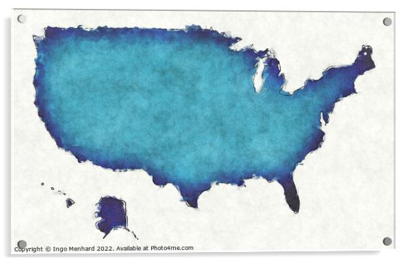 USA map with drawn lines and blue watercolor illustration Acrylic by Ingo Menhard
