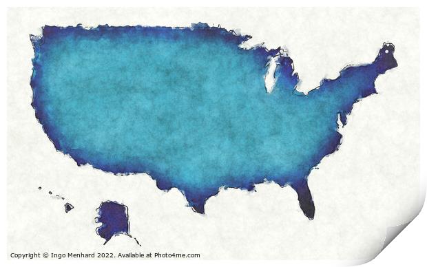 USA map with drawn lines and blue watercolor illustration Print by Ingo Menhard