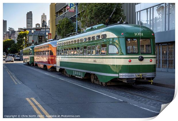 San Francisco trolley buses. Print by Chris North
