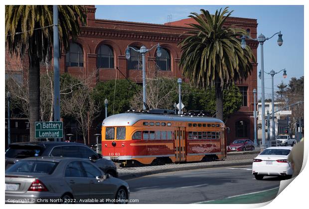 Trolley bus driving on the Embarcadero, San Francisco. Print by Chris North