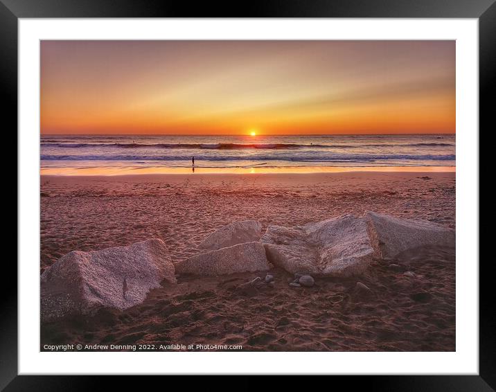Widemouth Bay Cornwall sunset  Framed Mounted Print by Andrew Denning
