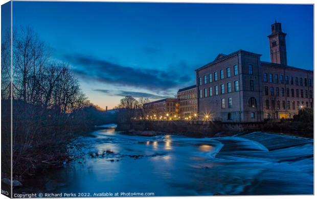 Salts Mill and the River Aire at dawn Canvas Print by Richard Perks