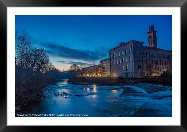 Salts Mill and the River Aire at dawn Framed Mounted Print by Richard Perks