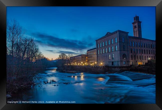 Salts Mill and the River Aire at dawn Framed Print by Richard Perks