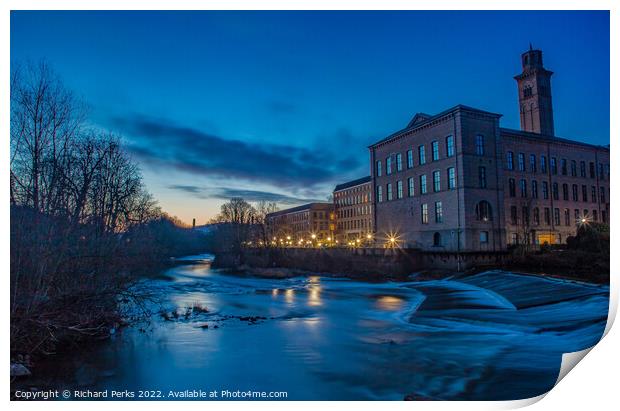 Salts Mill and the River Aire at dawn Print by Richard Perks