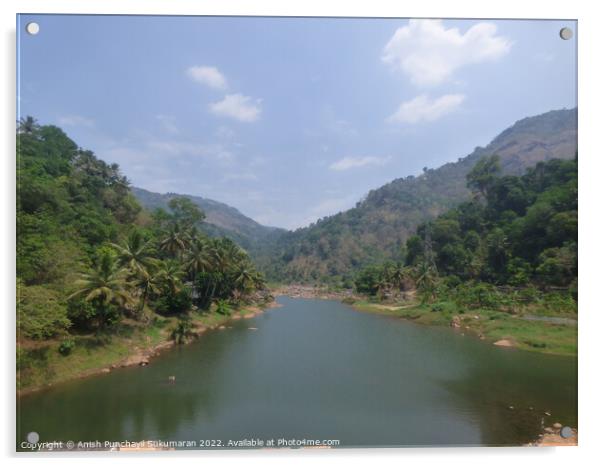 a river flowing between two mountain a view from Idukki Kerala Acrylic by Anish Punchayil Sukumaran