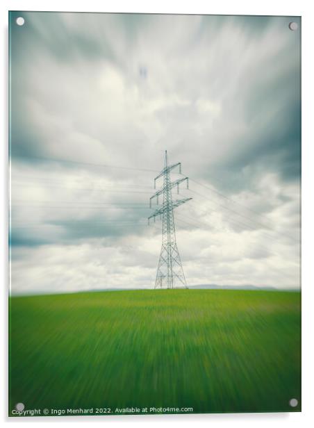 High voltage power line in the green field in Germany in the center of a radial blur Acrylic by Ingo Menhard