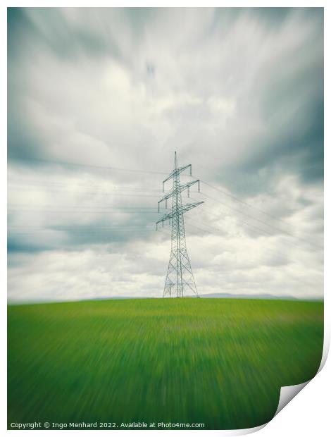 High voltage power line in the green field in Germany in the center of a radial blur Print by Ingo Menhard