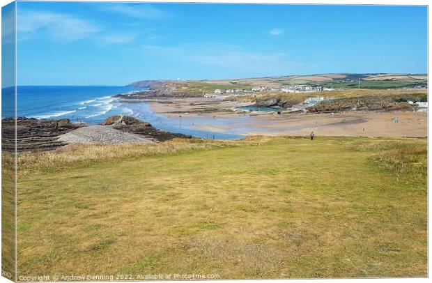 Overlooking Bude in Cornwall Canvas Print by Andrew Denning