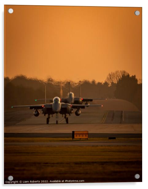 USAF Eagles Rolling Out During Sunset  Acrylic by Liam Roberts