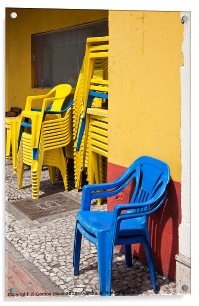 Colourful street scene - Stacking chairs - Curitiba, Brazil Acrylic by Gordon Dixon