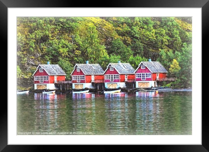 Red Boathouses at Flåm Framed Mounted Print by Ian Lewis