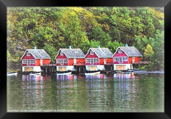 Red Boathouses at Flåm Framed Print by Ian Lewis
