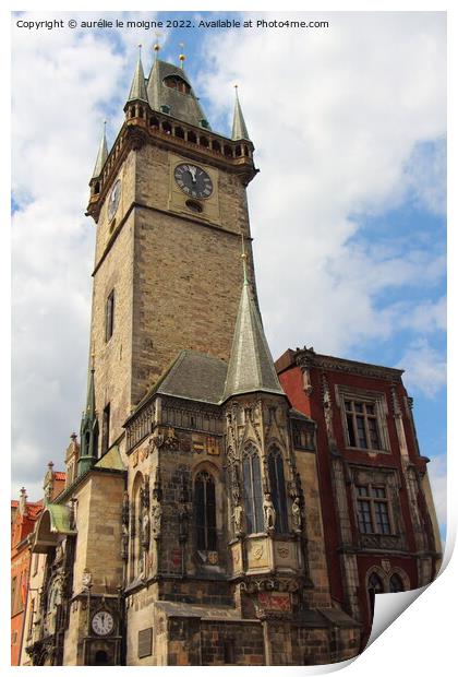 Ancient town hall and astronomical clock in Prague Print by aurélie le moigne