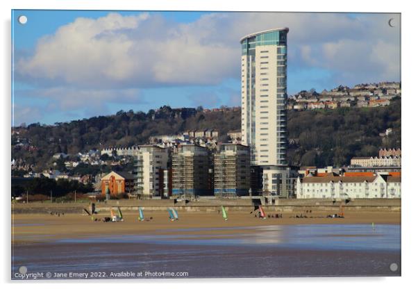 Land yachting Racing in front of the Meridian Tower Swansea Bay Acrylic by Jane Emery