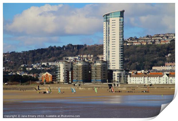 Land yachting Racing in front of the Meridian Tower Swansea Bay Print by Jane Emery