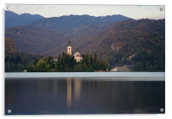 View across Lake Bled , Slovenia . Acrylic by Ian Middleton