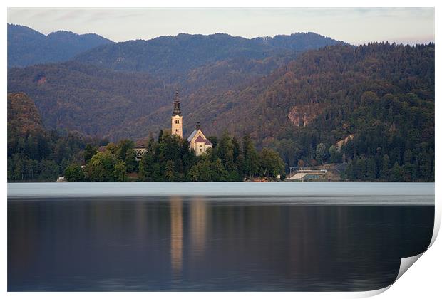 View across Lake Bled , Slovenia . Print by Ian Middleton