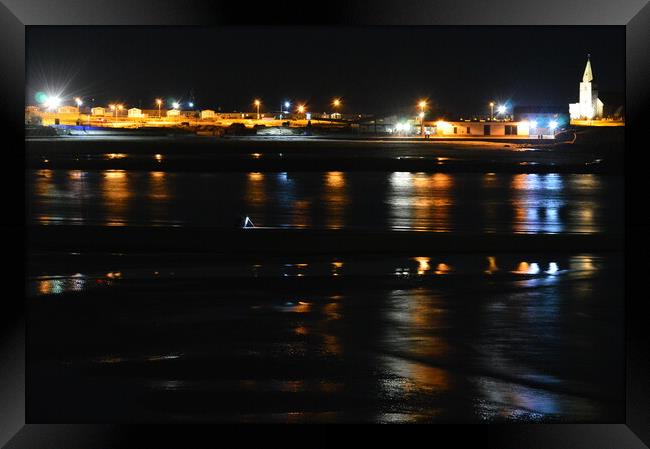 Night fishing in the bay at Newbiggin-by-the-Sea  Framed Print by Richard Dixon