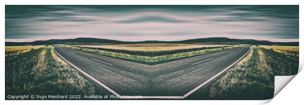 Surrealistic mirrored road in a rural landscape setting Print by Ingo Menhard