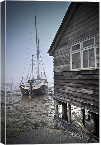 Sailing barge and shed, freezing fog Canvas Print by Gary Eason