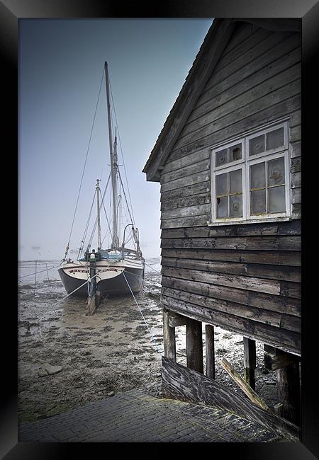Sailing barge and shed, freezing fog Framed Print by Gary Eason