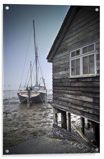 Sailing barge and shed, freezing fog Acrylic by Gary Eason